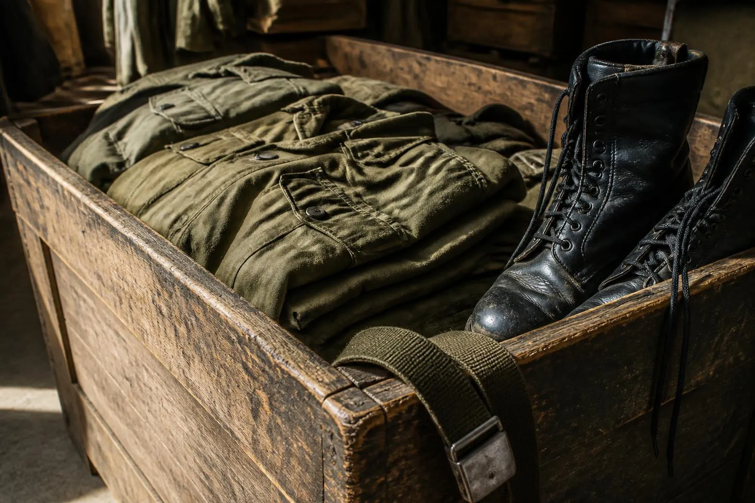 un bac rempli de vestes de treillis kaki pliées, avec un ceinturon en toile et une paire de rangers posés sur le bord
