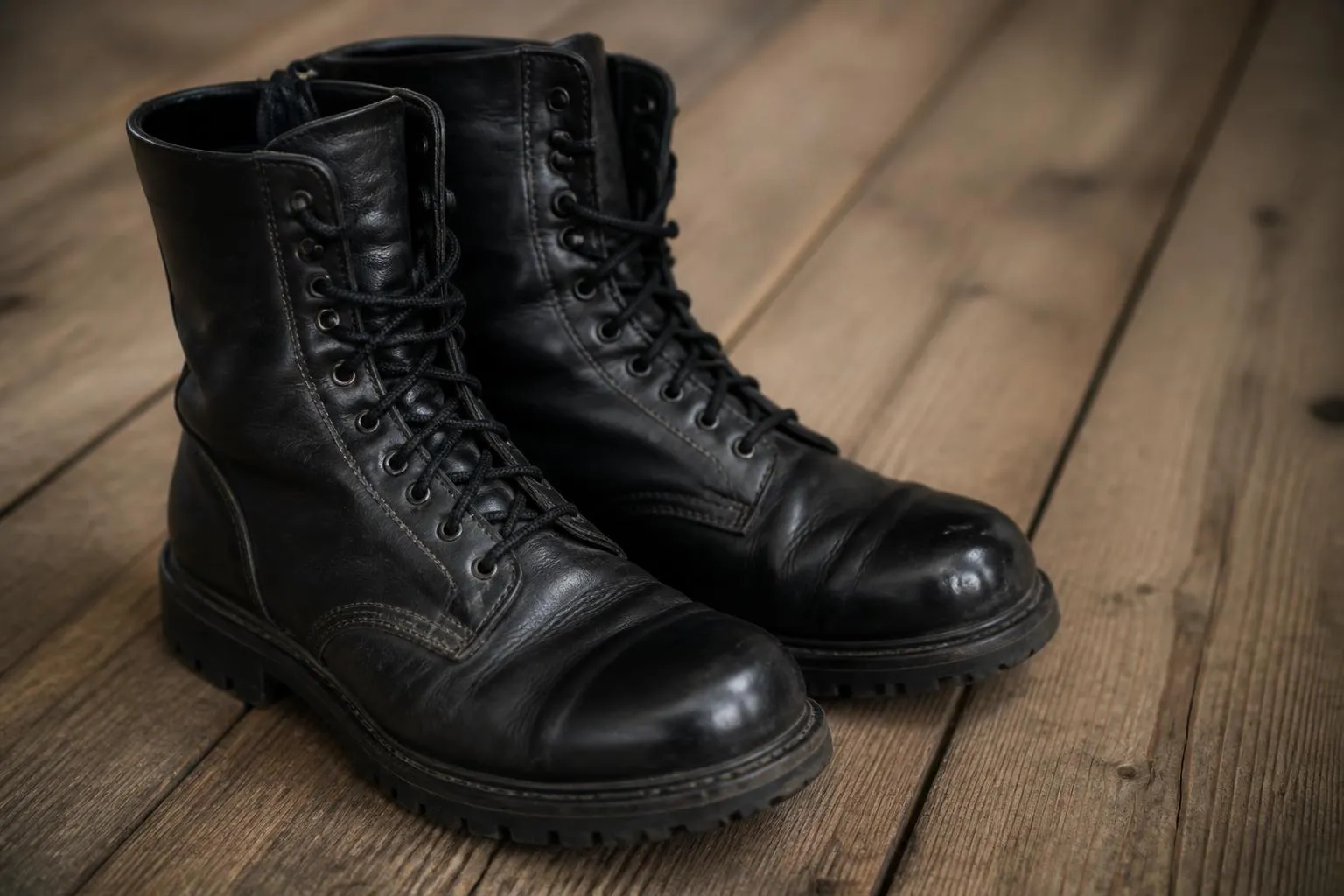 une paire de rangers noires en cuir, lacées, posées sur un plancher de bois brut