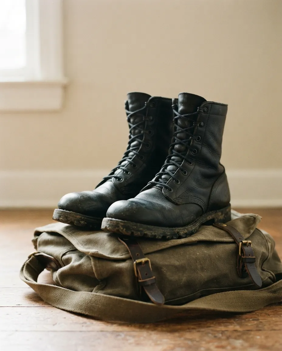 Rangers en cuir posées sur une musette en toile kaki