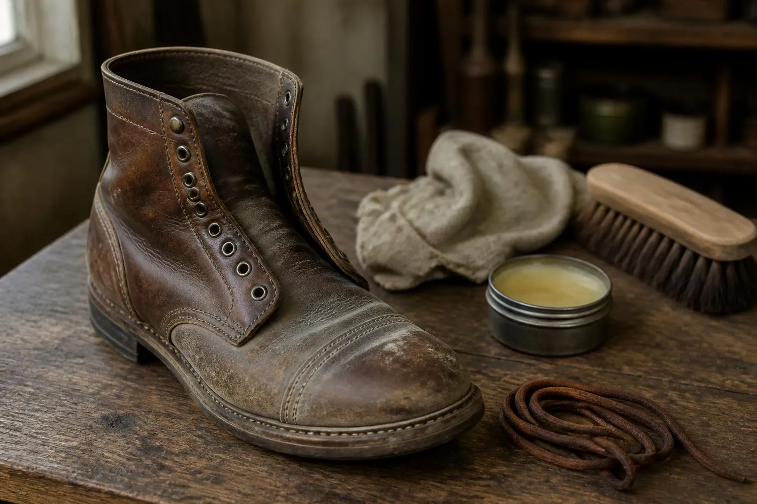 un brodequin de cuir marron desséché posé sur un établi, blanchi sur la pliure de l'avant-pied, à côté d'un pot de graisse ouvert et d'une brosse en chiendent
