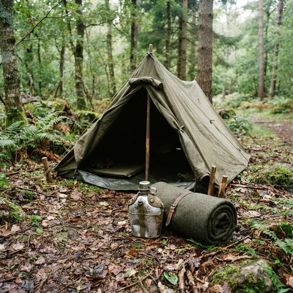 Bivouac militaire monté en forêt, couchage roulé devant la toile