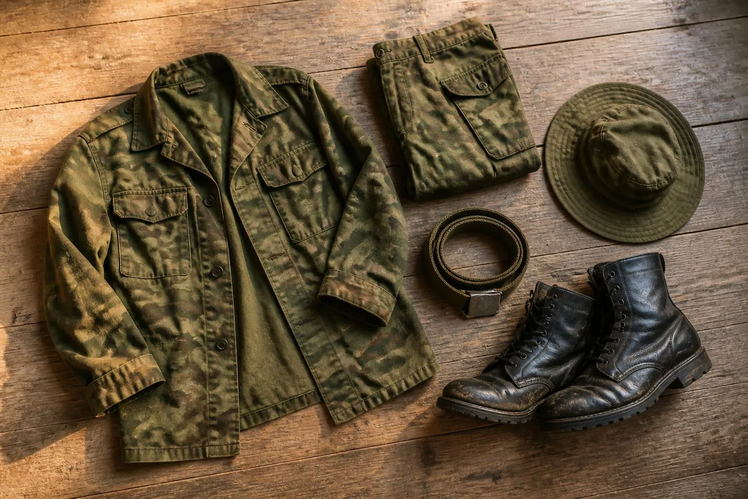 les pièces d'une tenue de terrain disposées à plat sur un plancher : veste de treillis camouflage, pantalon plié, ceinturon de toile enroulé, chapeau de brousse et paire de rangers